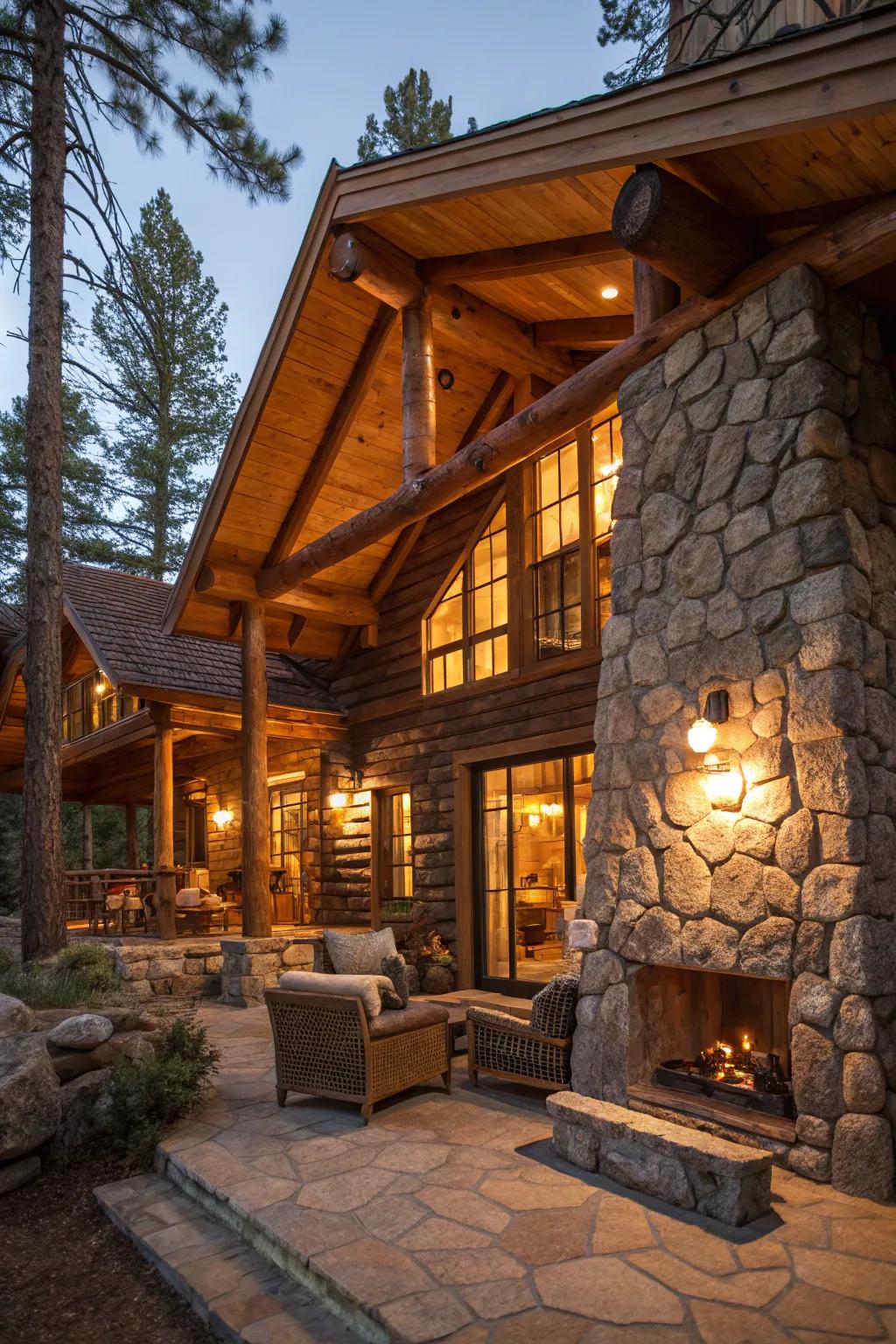Lighting complements timber and stone components inside a cabin's interior.