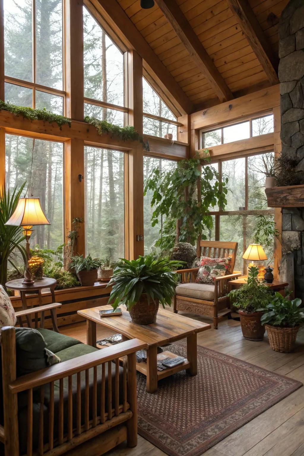 Nature-inspired decor, featuring plants, enriches this cabin living space.