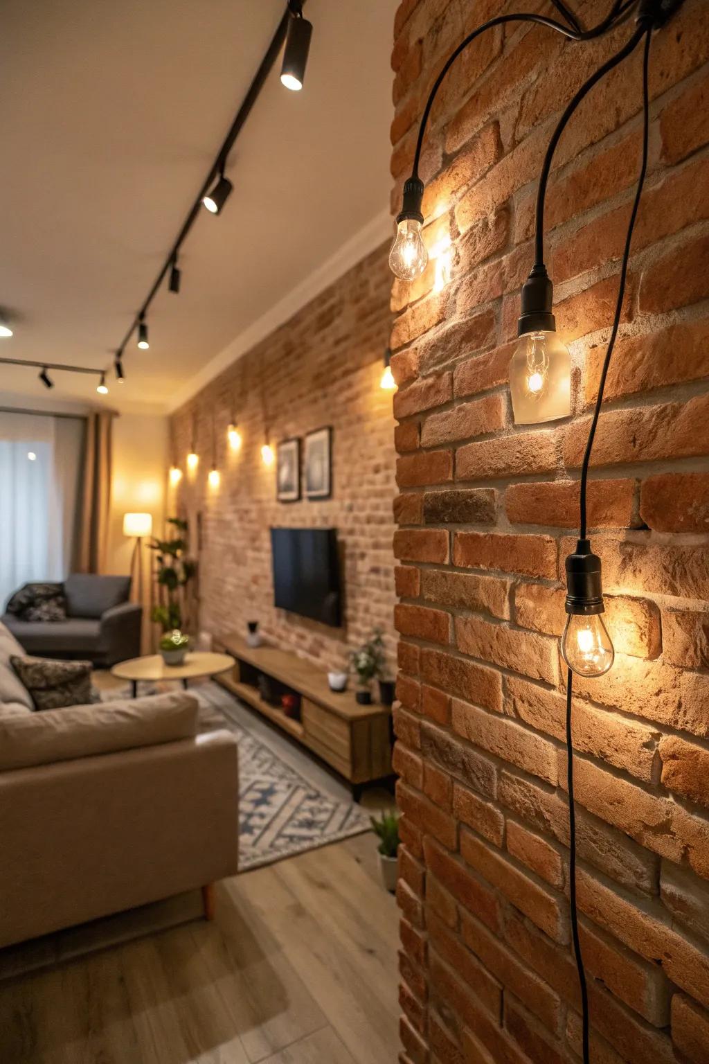 Emphasize architectural features such as exposed brick through cable lighting.