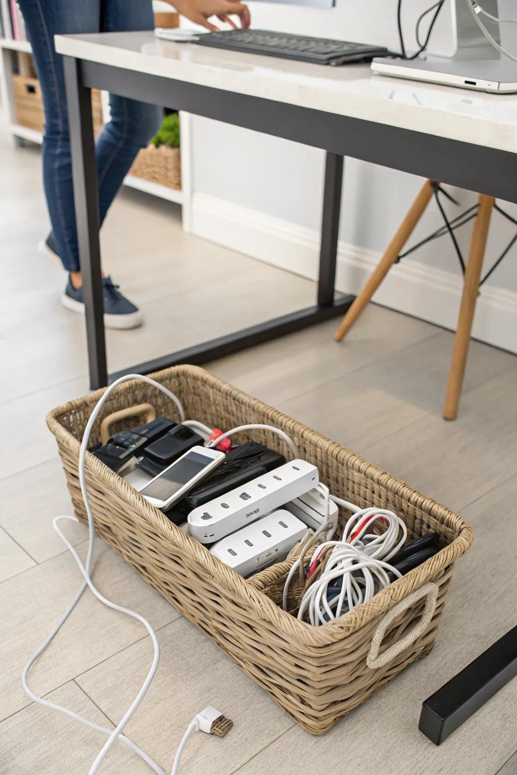 Under-desk cable basket offering hidden storage solutions.