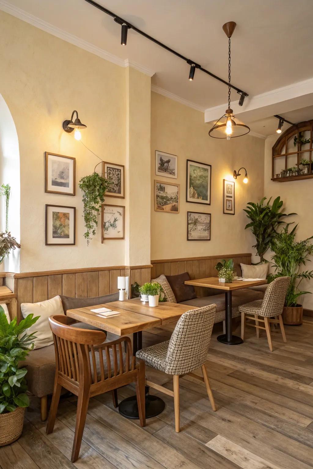 Neutral and earthy tones develop a calming atmosphere in your home cafe.