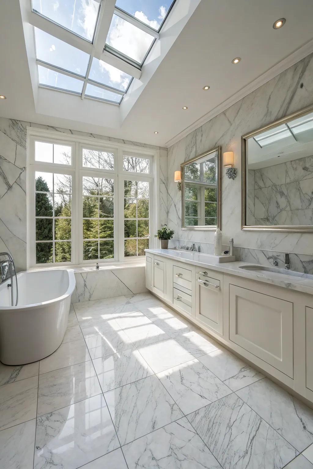 A bright bathroom filled with natural illumination, showcasing Ivory Coast marble tiles.