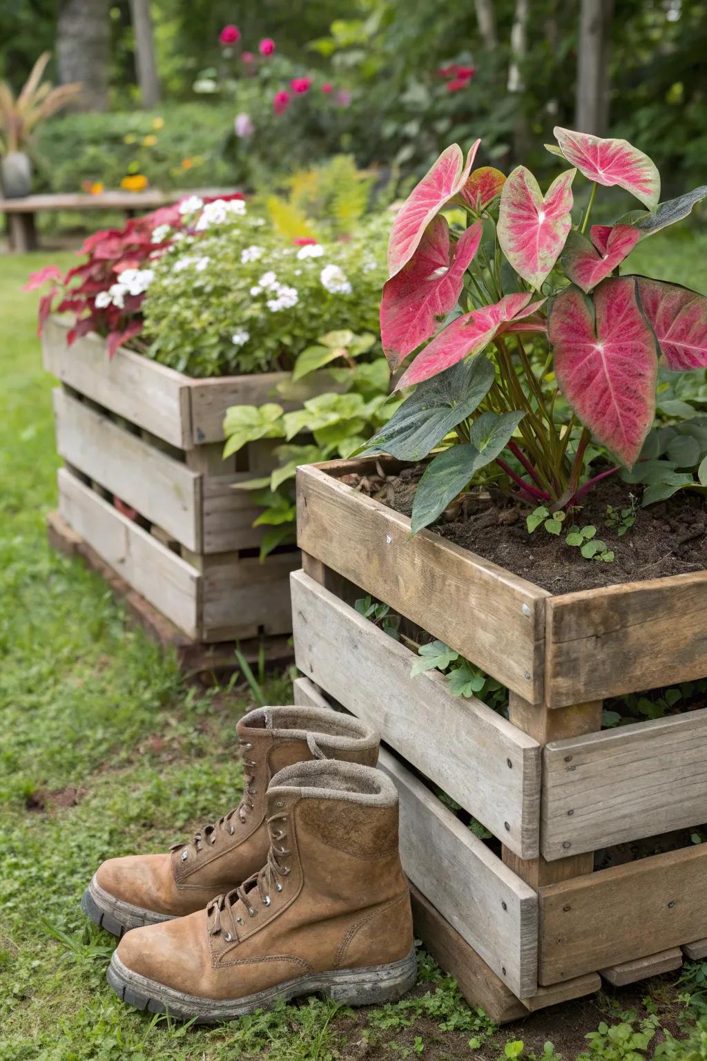 Repurposed materials constitute distinctive, sustainable caladium holders.