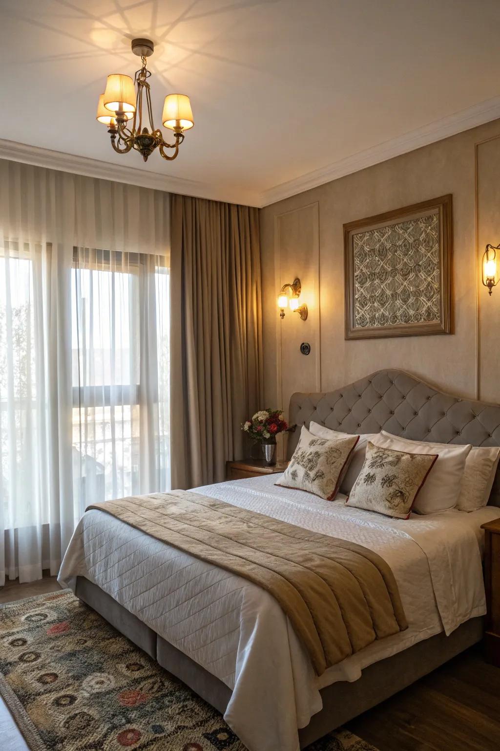 Bedroom with wall sconces and natural light filtering through sheer curtains for a soft glow.