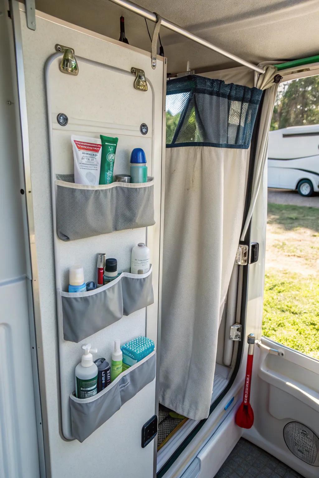 Shower curtain organizer providing extra storage for toiletries.