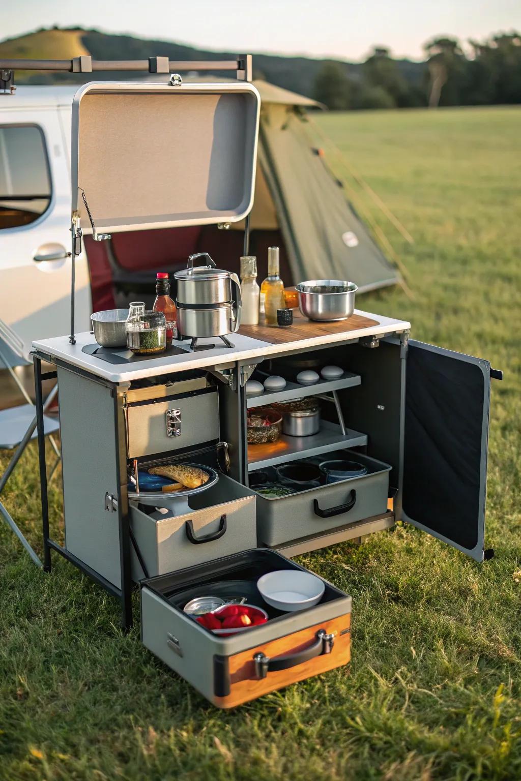 A multi-functional kitchen unit keeps everything in one place.