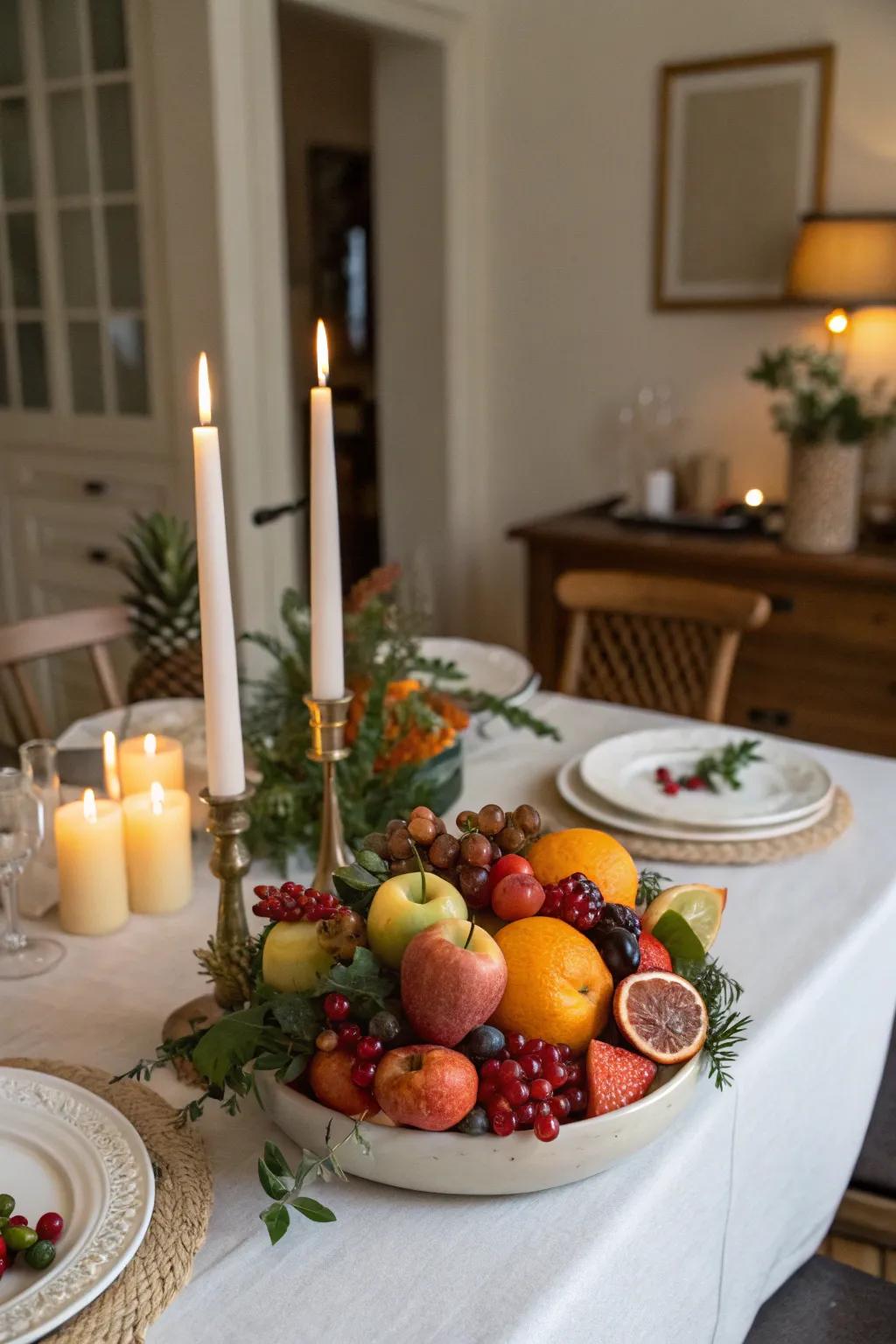 A vibrant, fresh centerpiece combining candles and fruits.