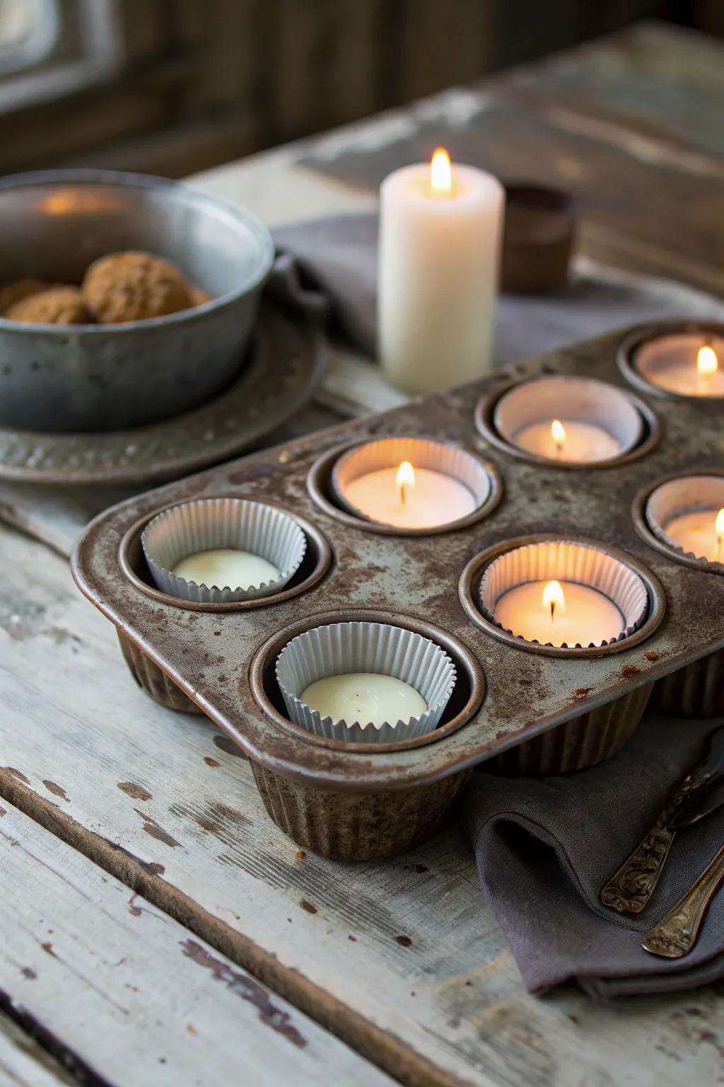 An enchanting old-fashioned cupcake tray candle display.