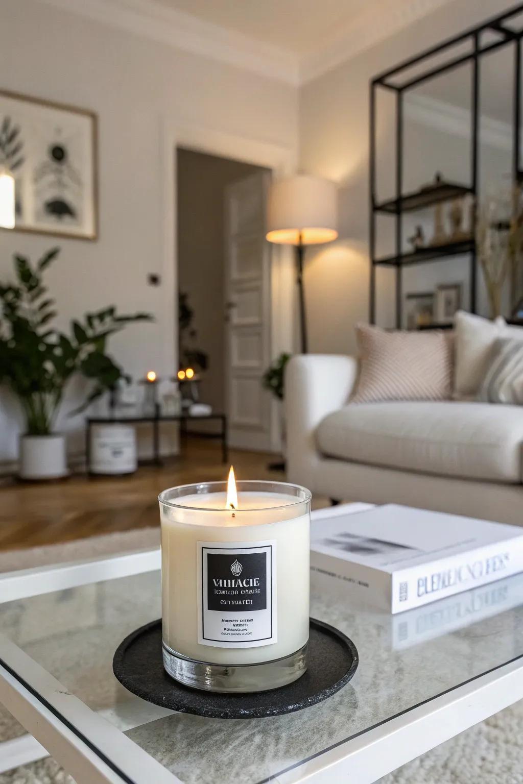 Monochromatic candle labels for a streamlined, contemporary vibe.