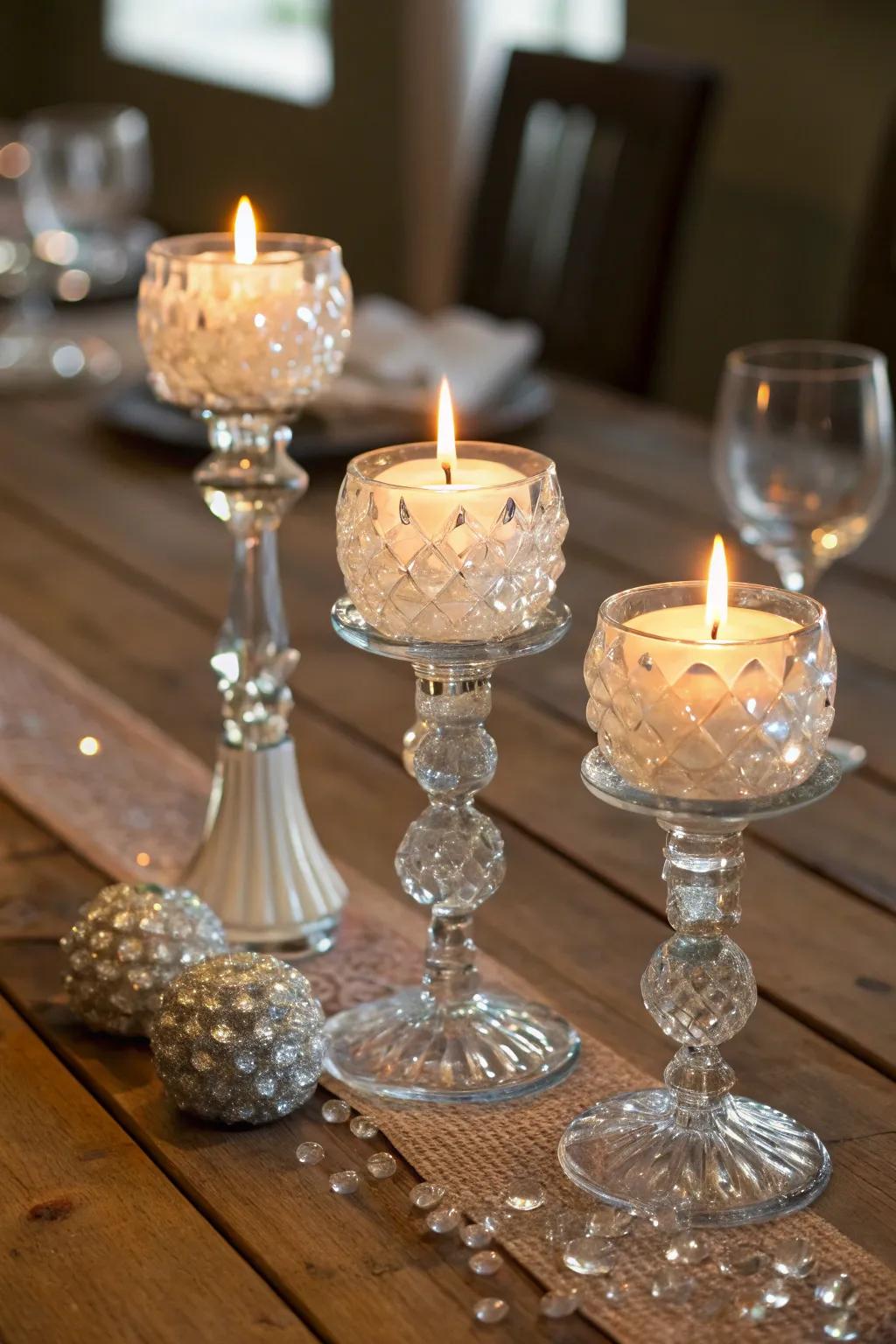 Glass and crystal stands elegantly throwing back the candlelight.