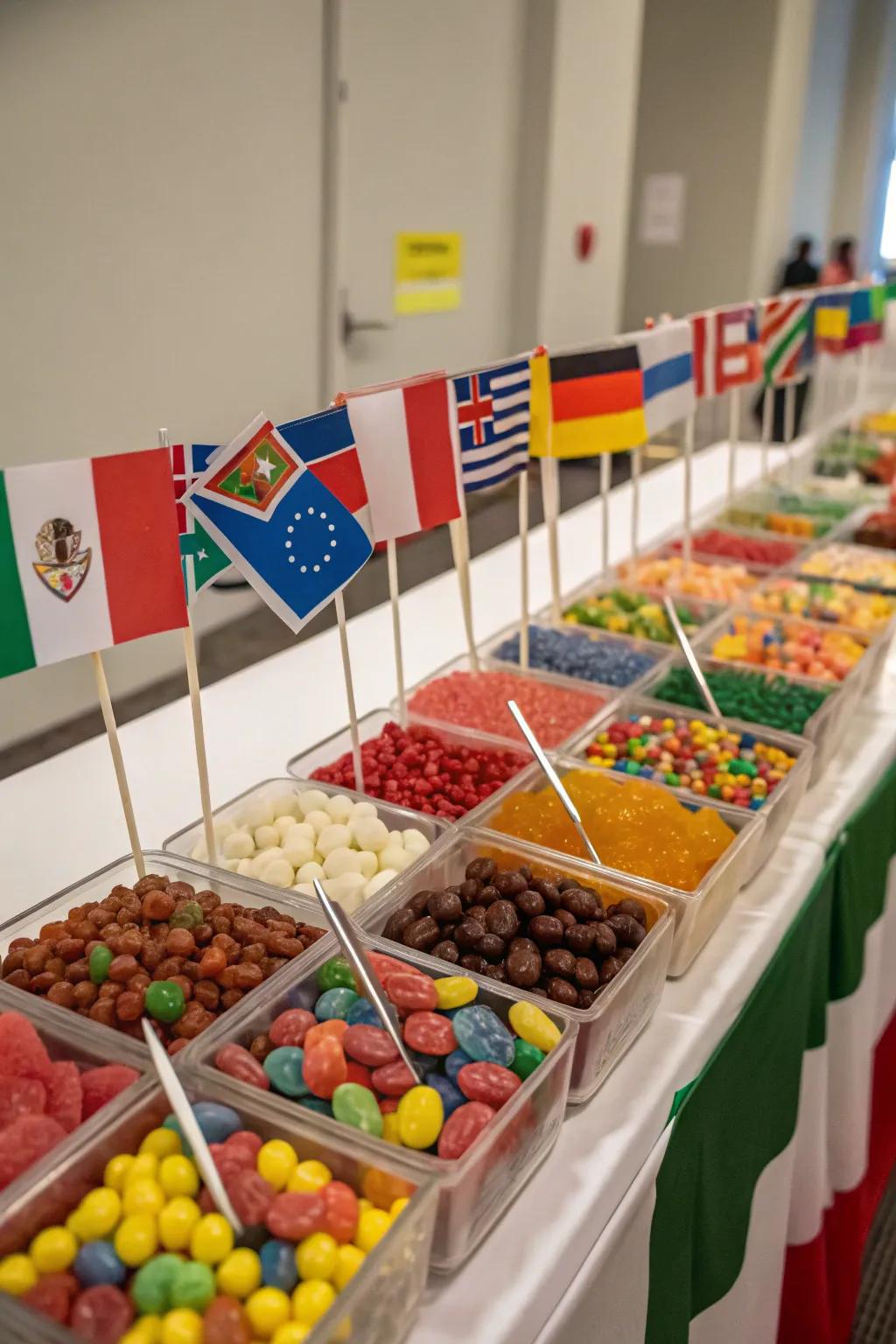 A worldly candy bar showcasing international sweets with cultural flair.