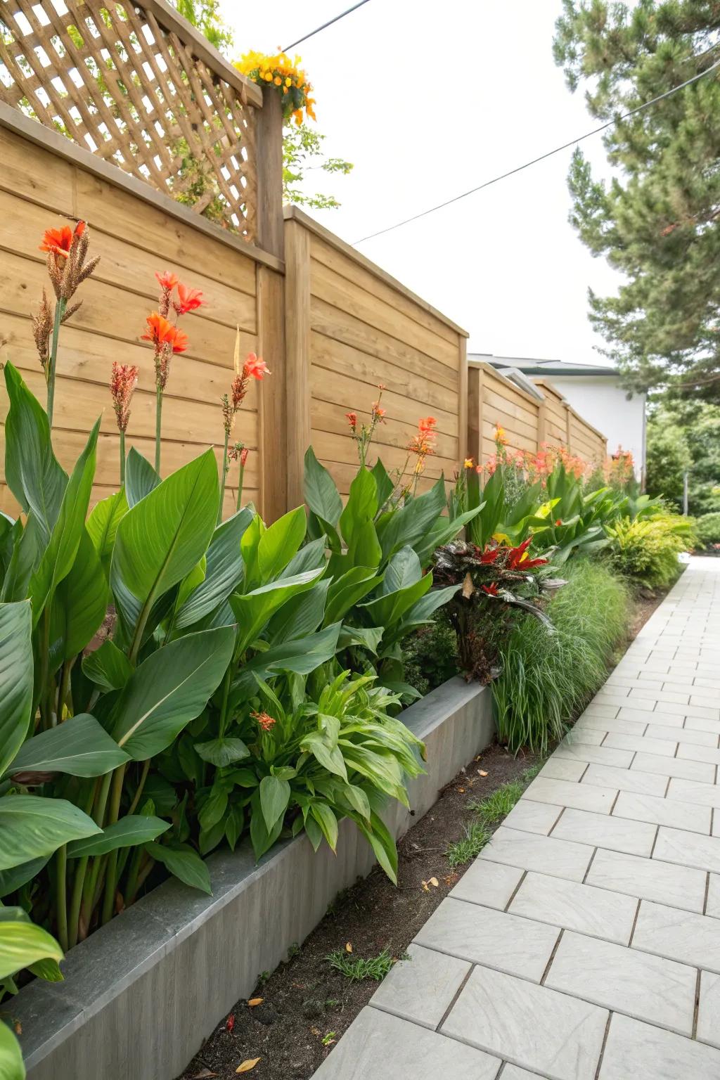 Tall scarlet blossoms providing natural solitude on a patio.