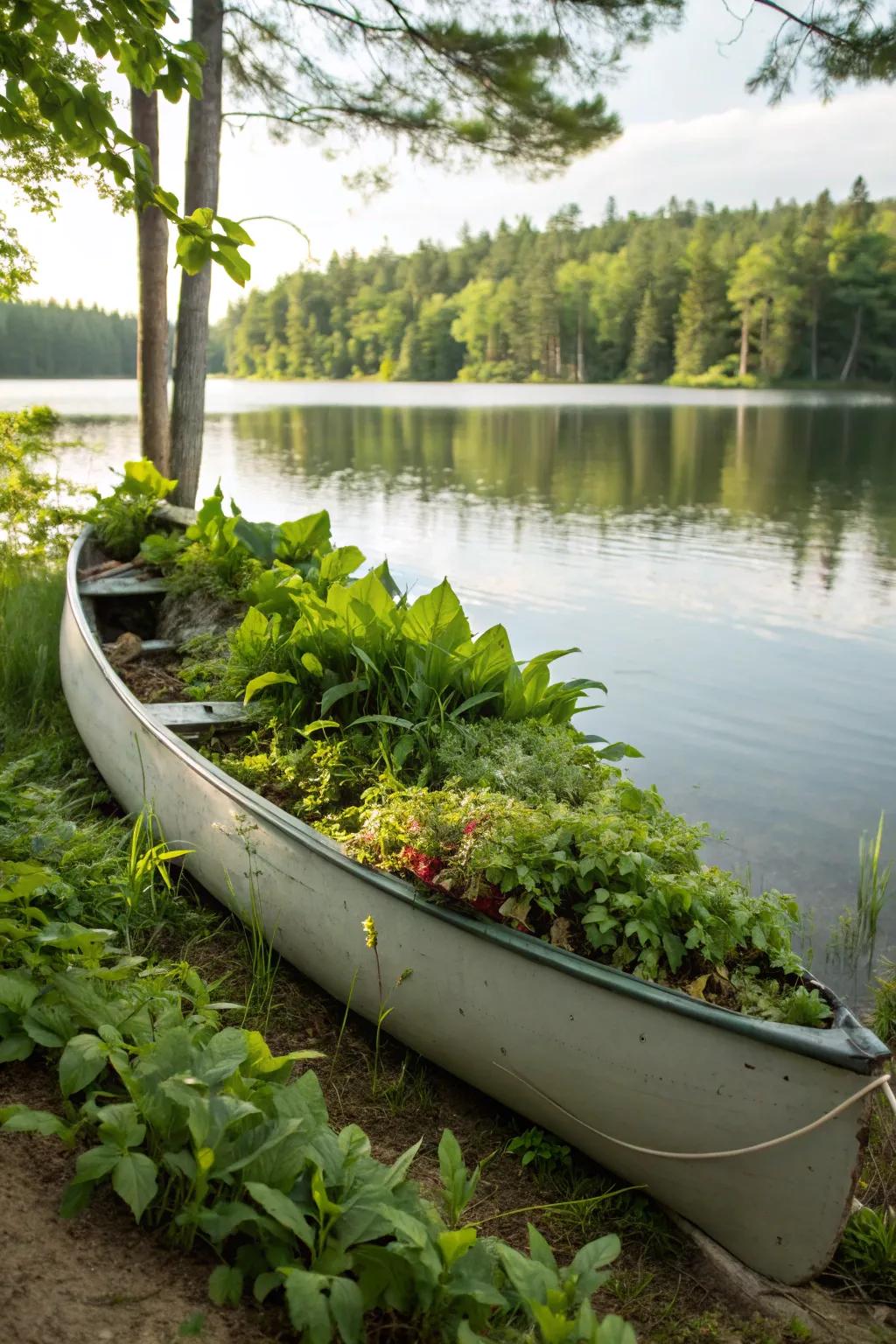 A riverside canoe planter blends seamlessly with the natural landscape.