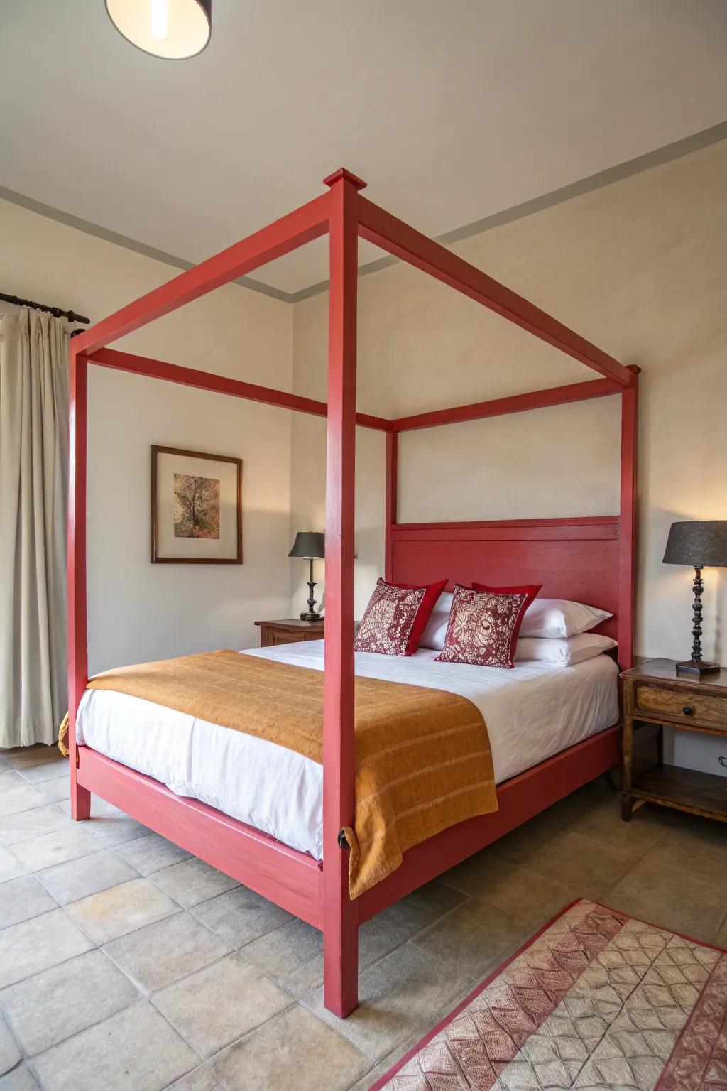 A boldly-colored canopy creates a striking statement in a small bedroom.