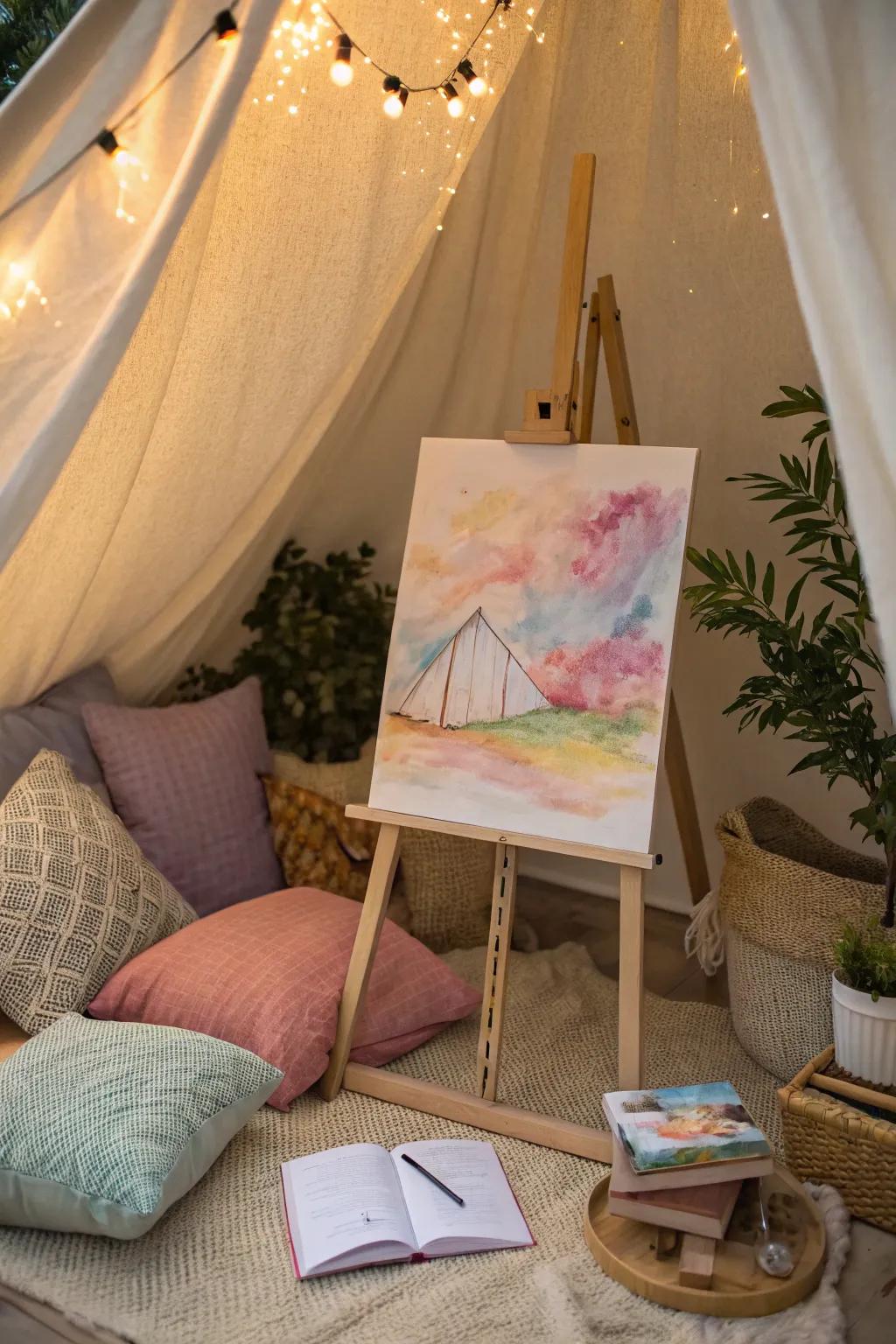 Dreamy watercolor canvas in a reading nook