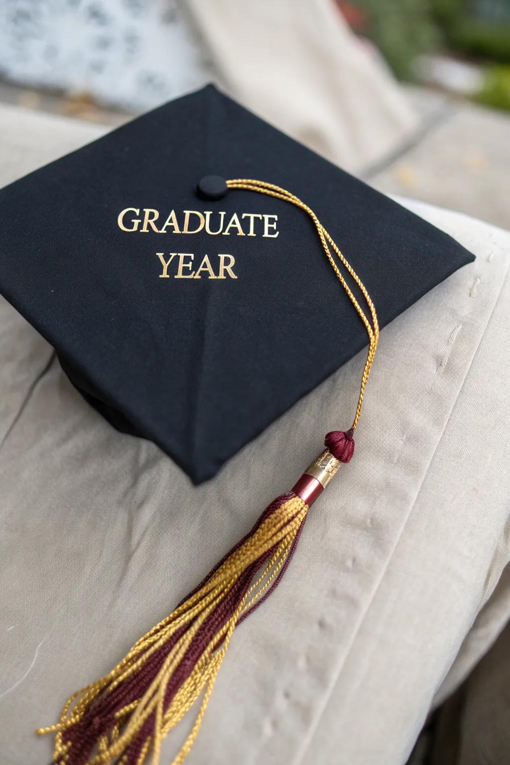 A cap individualized through the graduate's identity and year.