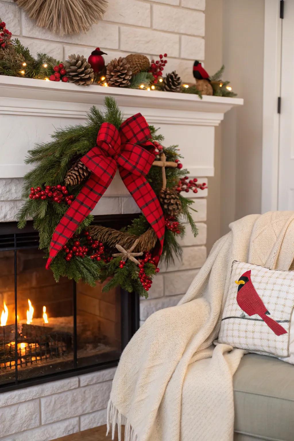 A classic plaid and cardinal wreath for a cozy feel.