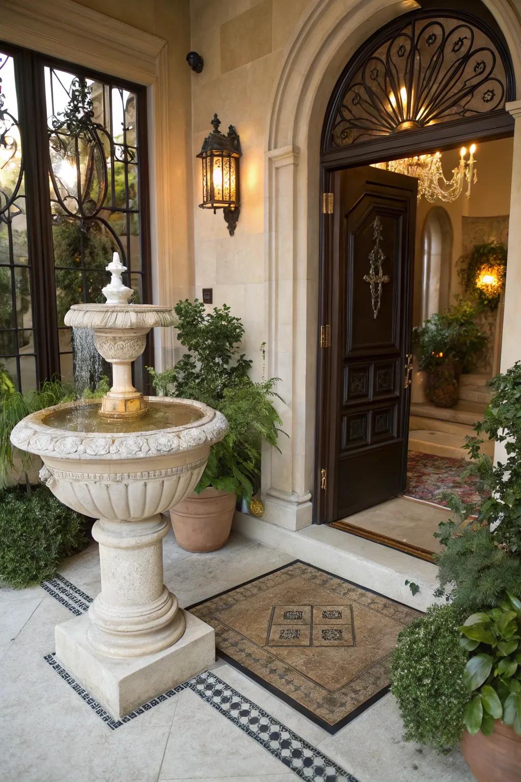 A holy water basin by the door invites blessings into your home.