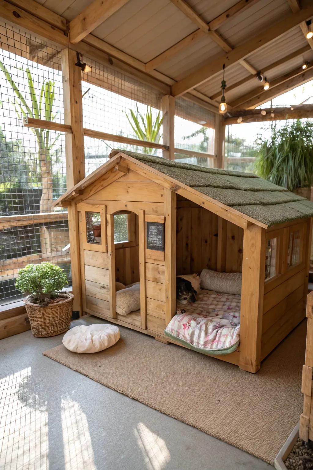 A charming rustic lodge within a cattery, providing a cozy hideaway for cats.