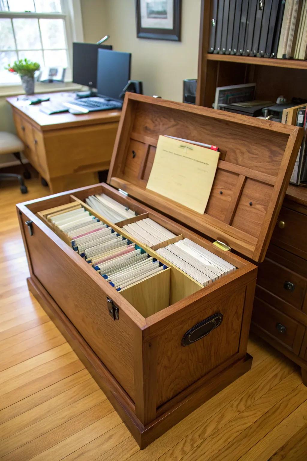 An antique storage chest serves as a sophisticated filing system.