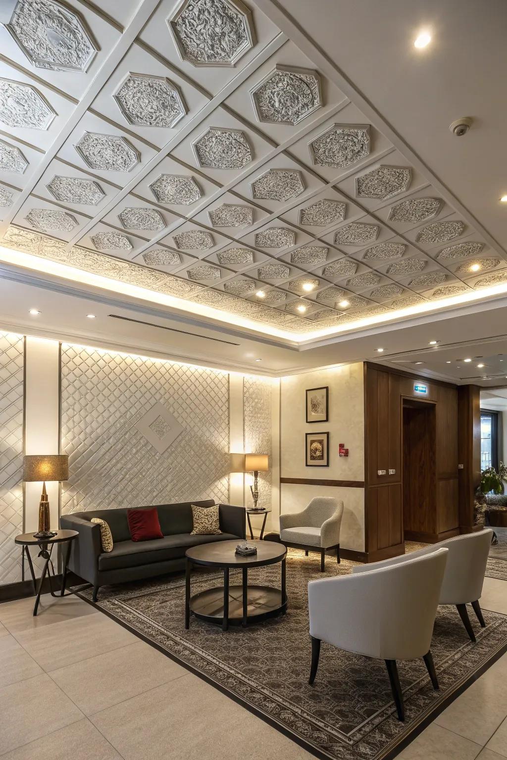 A room with stylish ceiling tiles that add textural interest.