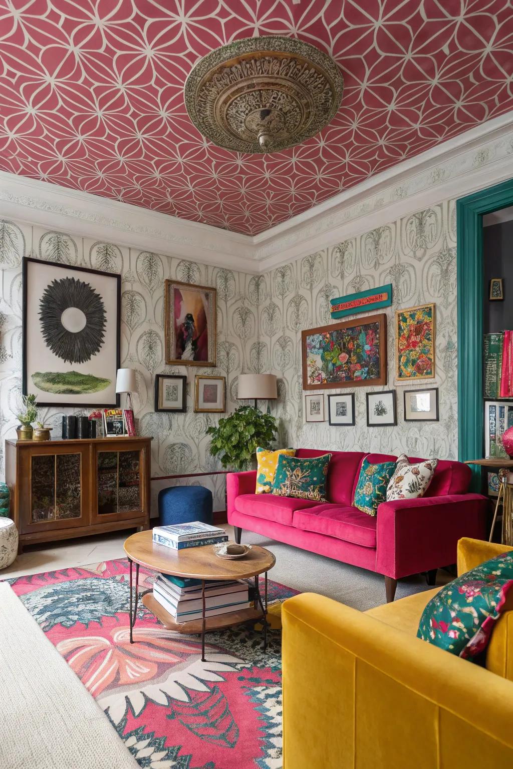 Make an eye-catching statement using a papered ceiling.