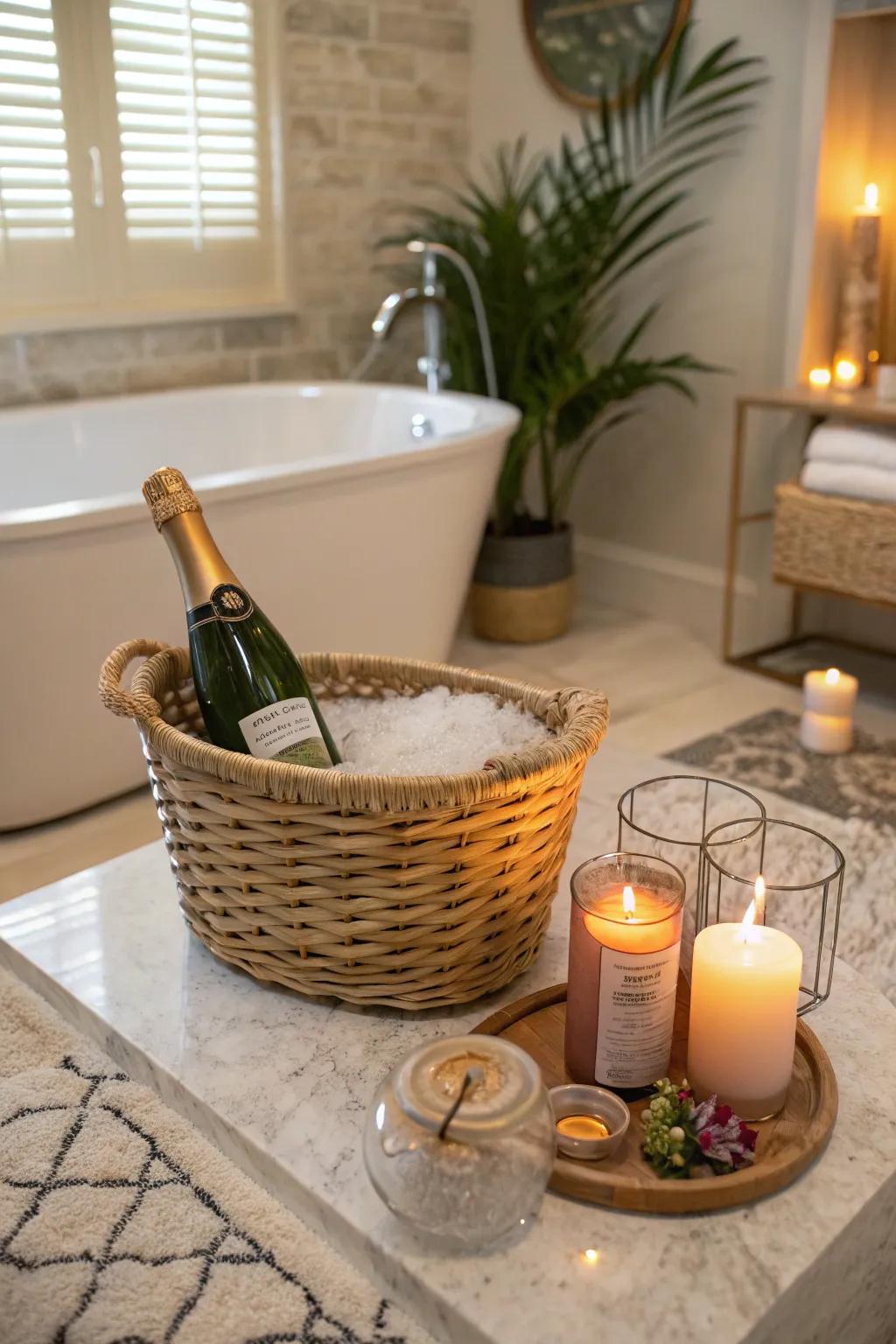 Spa retreat with sparkling wine and an aromatherapy candle.