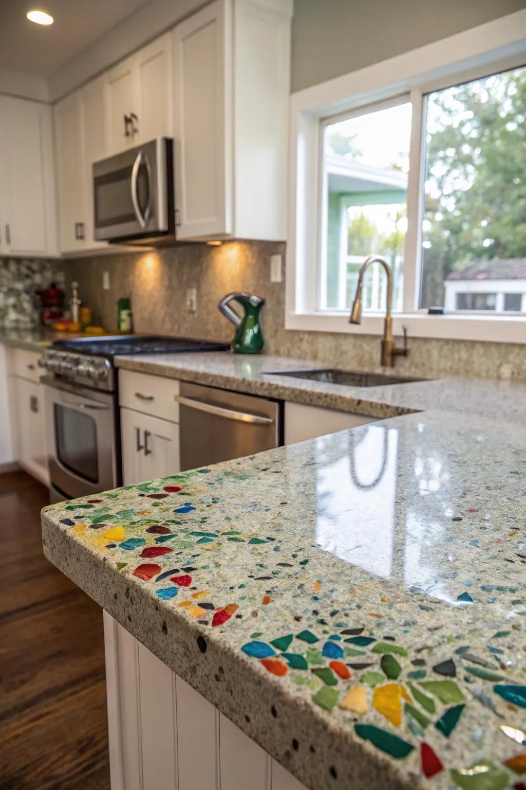 Eco-chic kitchen featuring upcycled glass surfaces.