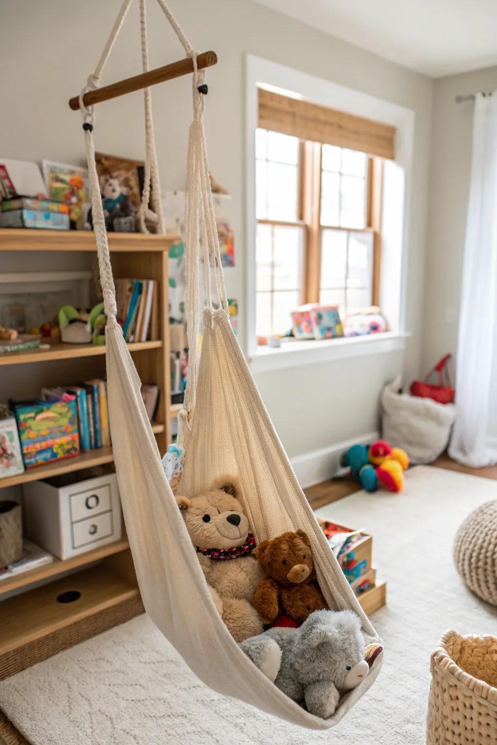 Plaything hammocks create a playful display for stuffed animals.