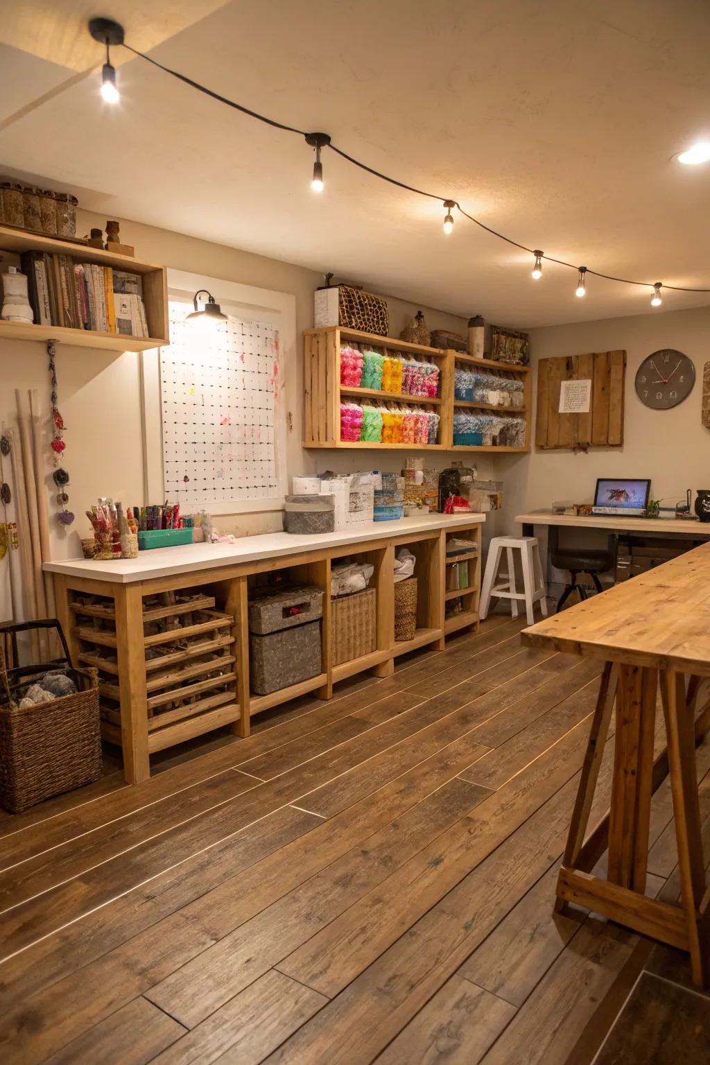 Plywood planks provide a rustic and budget-friendly flooring option for creative spaces.