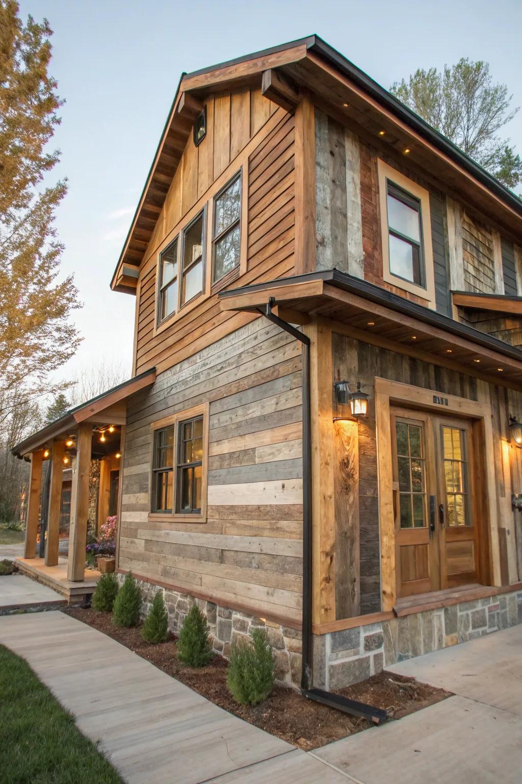 Refurbished wood siding adds character and promotes sustainability.