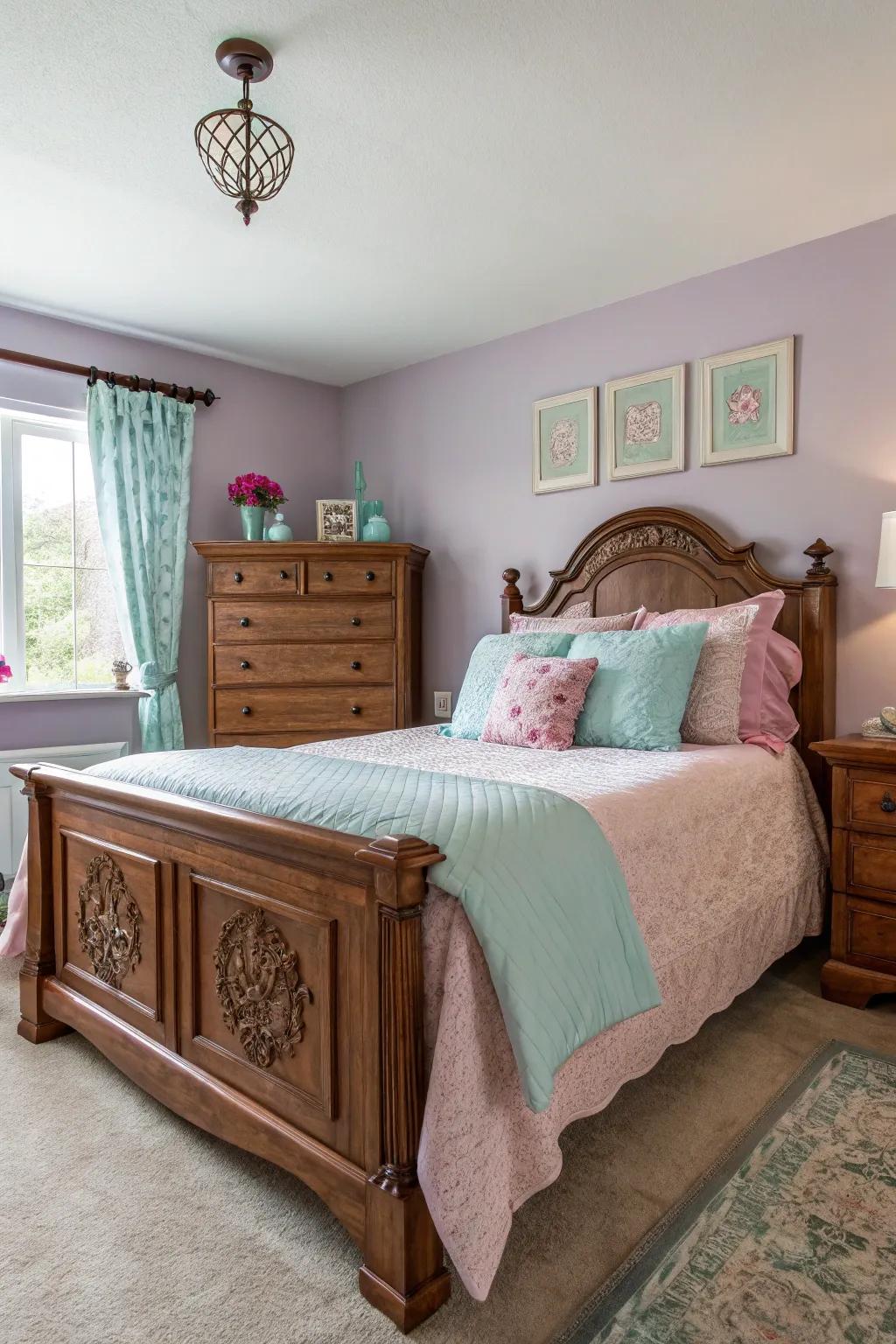 Gentle pastels adding a serene touch to a maple hardwood bedroom.