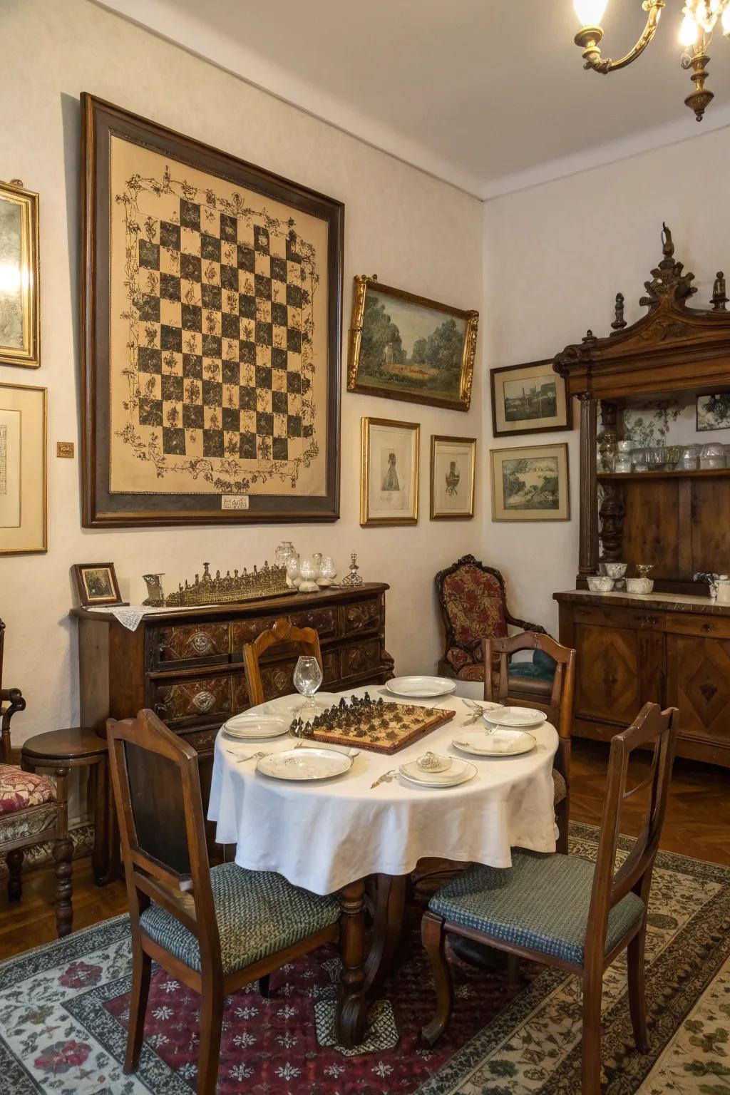 Vintage chess art blends seamlessly with antique decor.