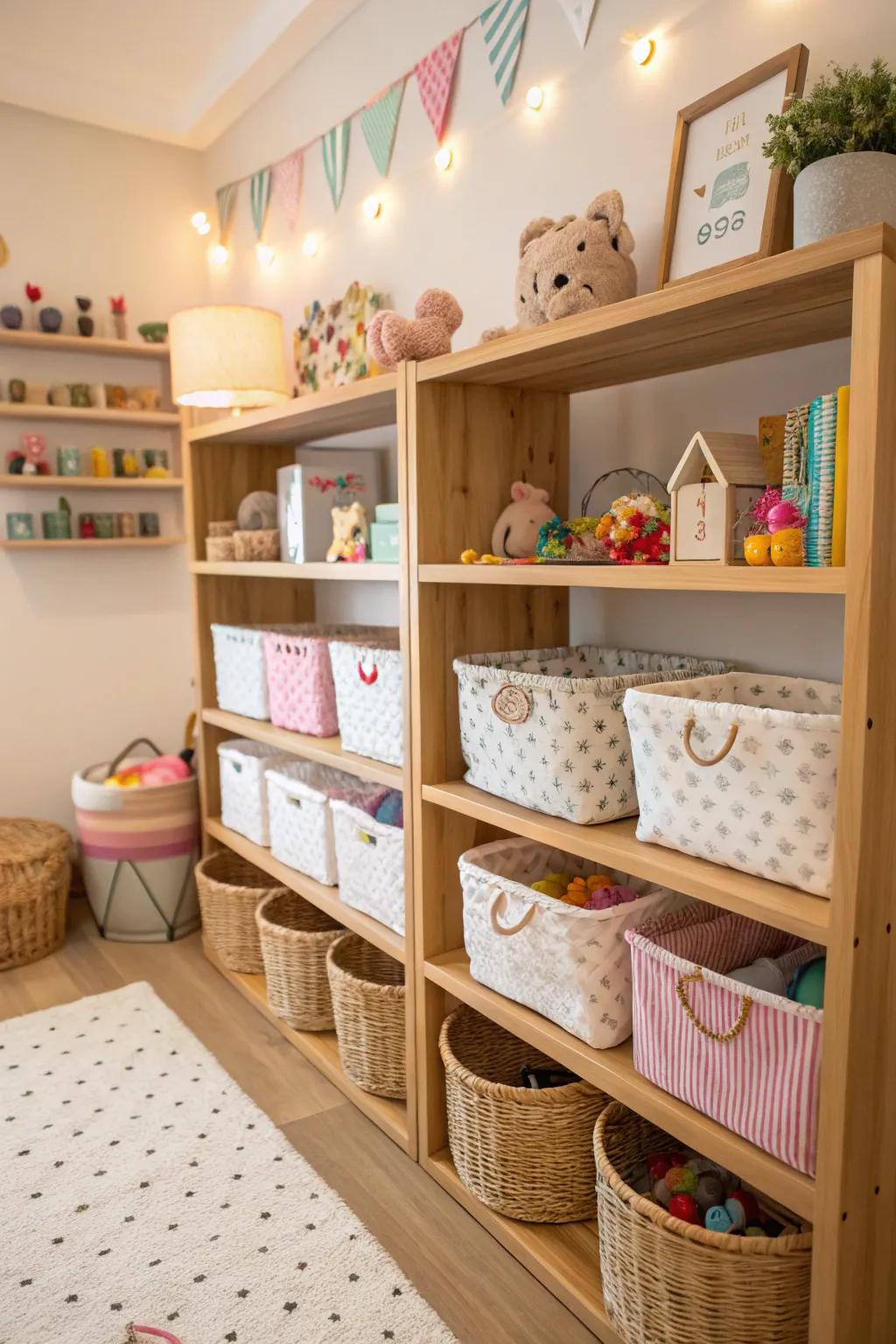 Decorative baskets on shelves keep things tidy and accessible.