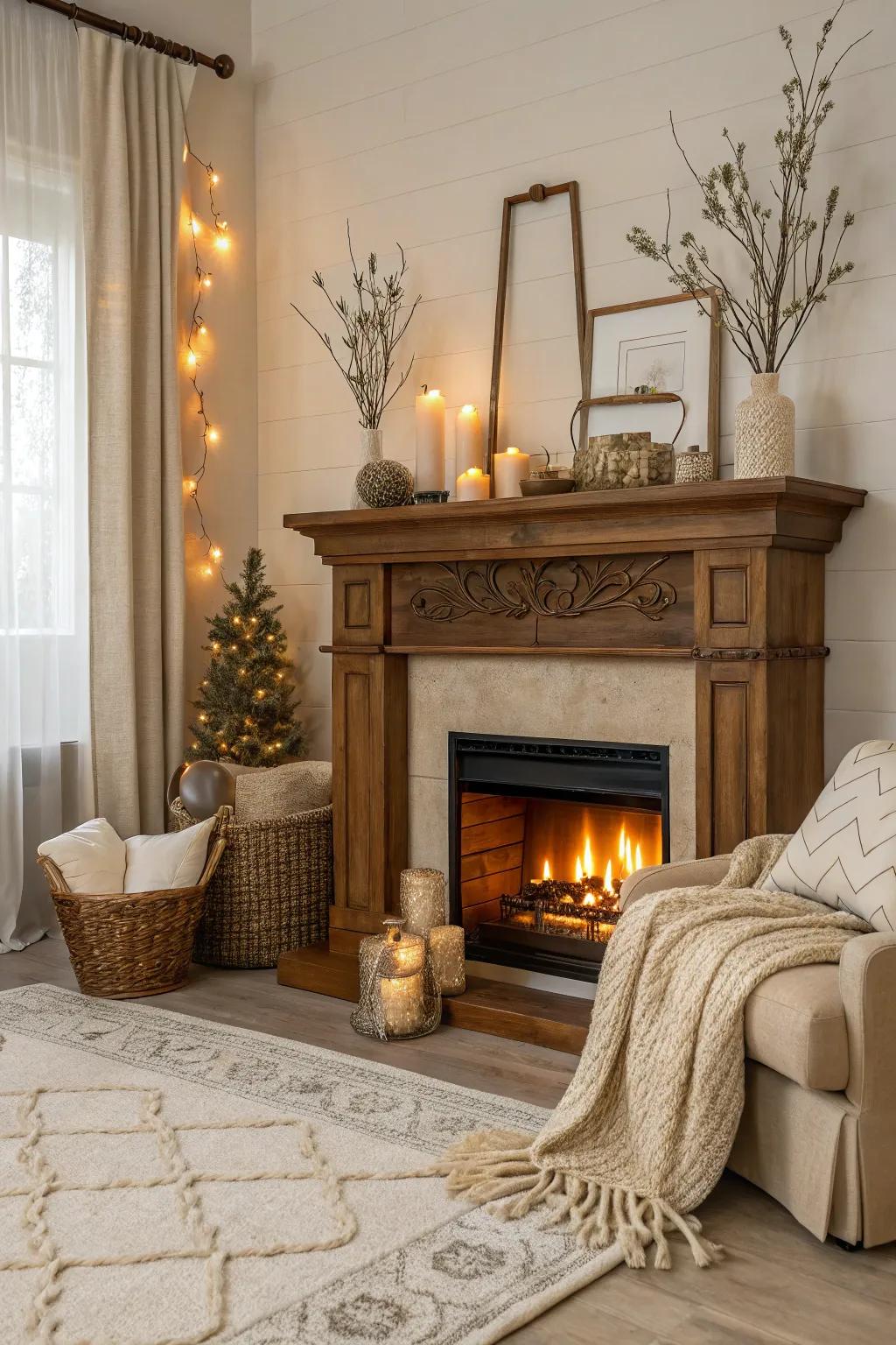 A neutral palette imparts refinement and tranquility to the fireplace area.