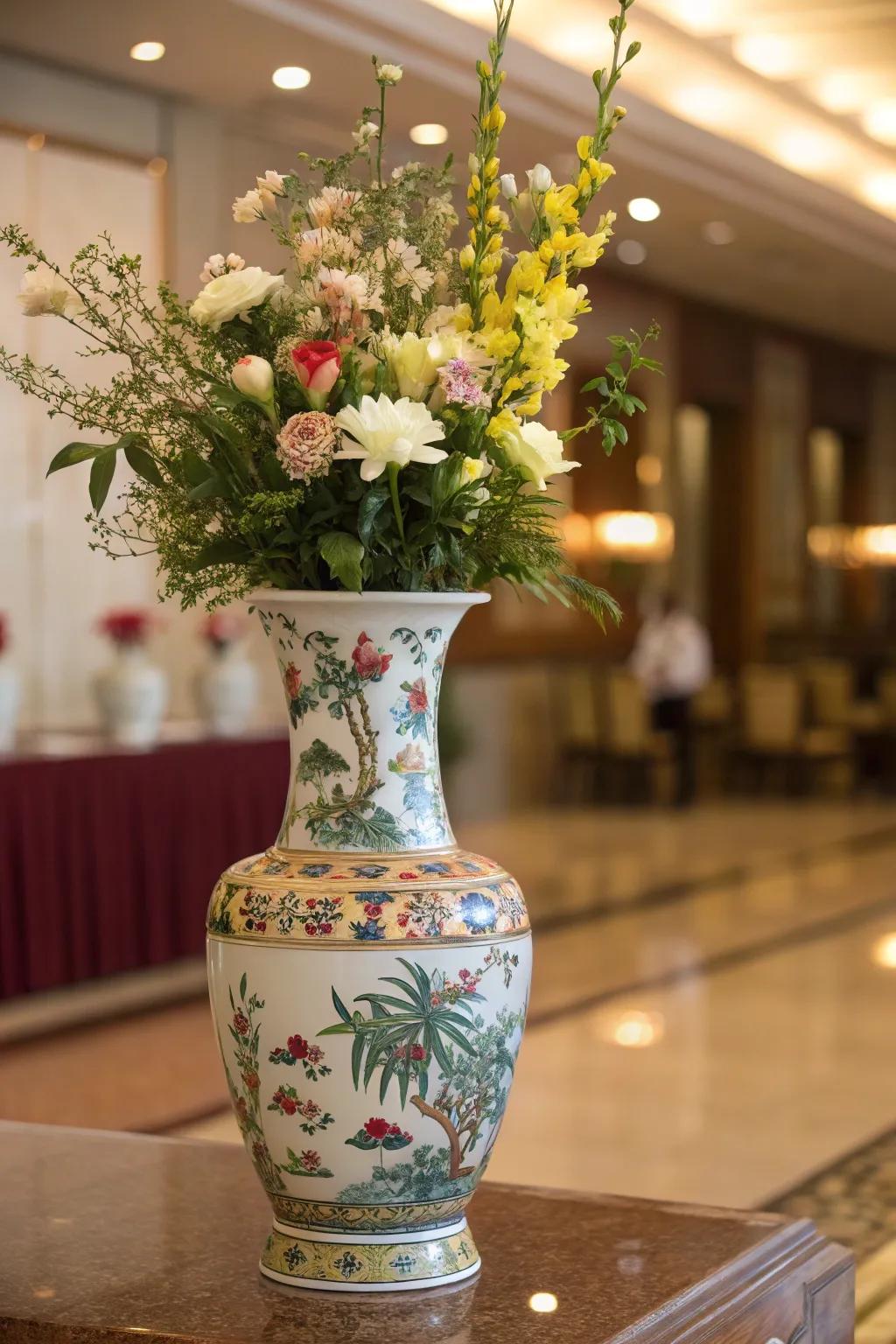 A breathtaking centerpiece that exhibits a conventional ceramic vessel.