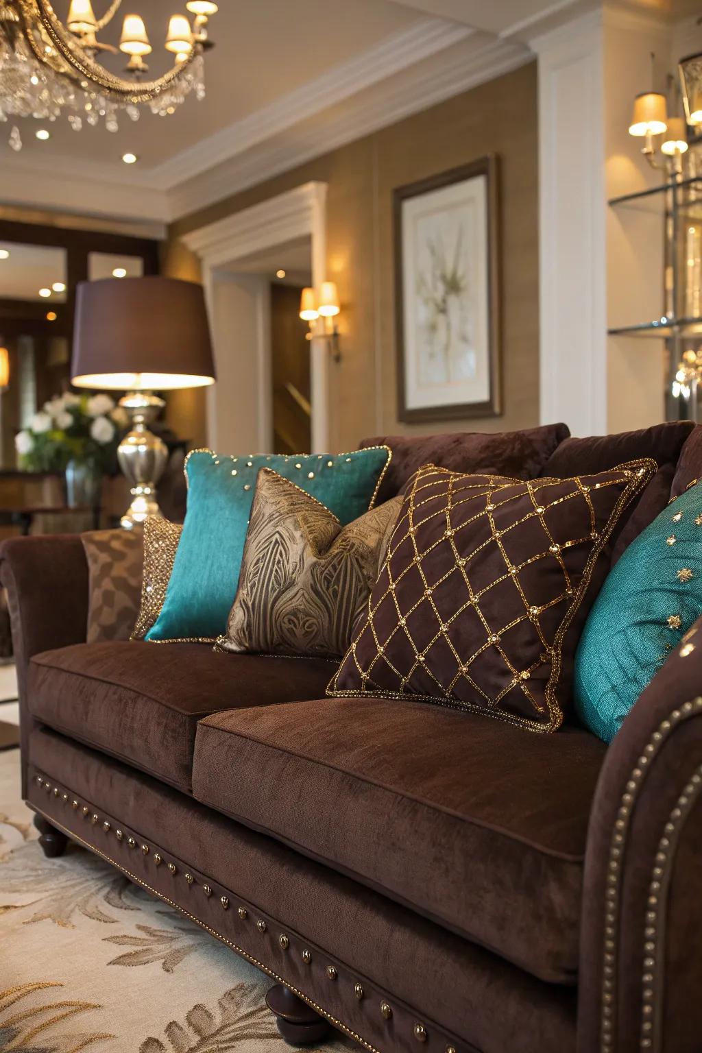 Jewel shades introduce luxury and elegance to a cocoa sofa setup.