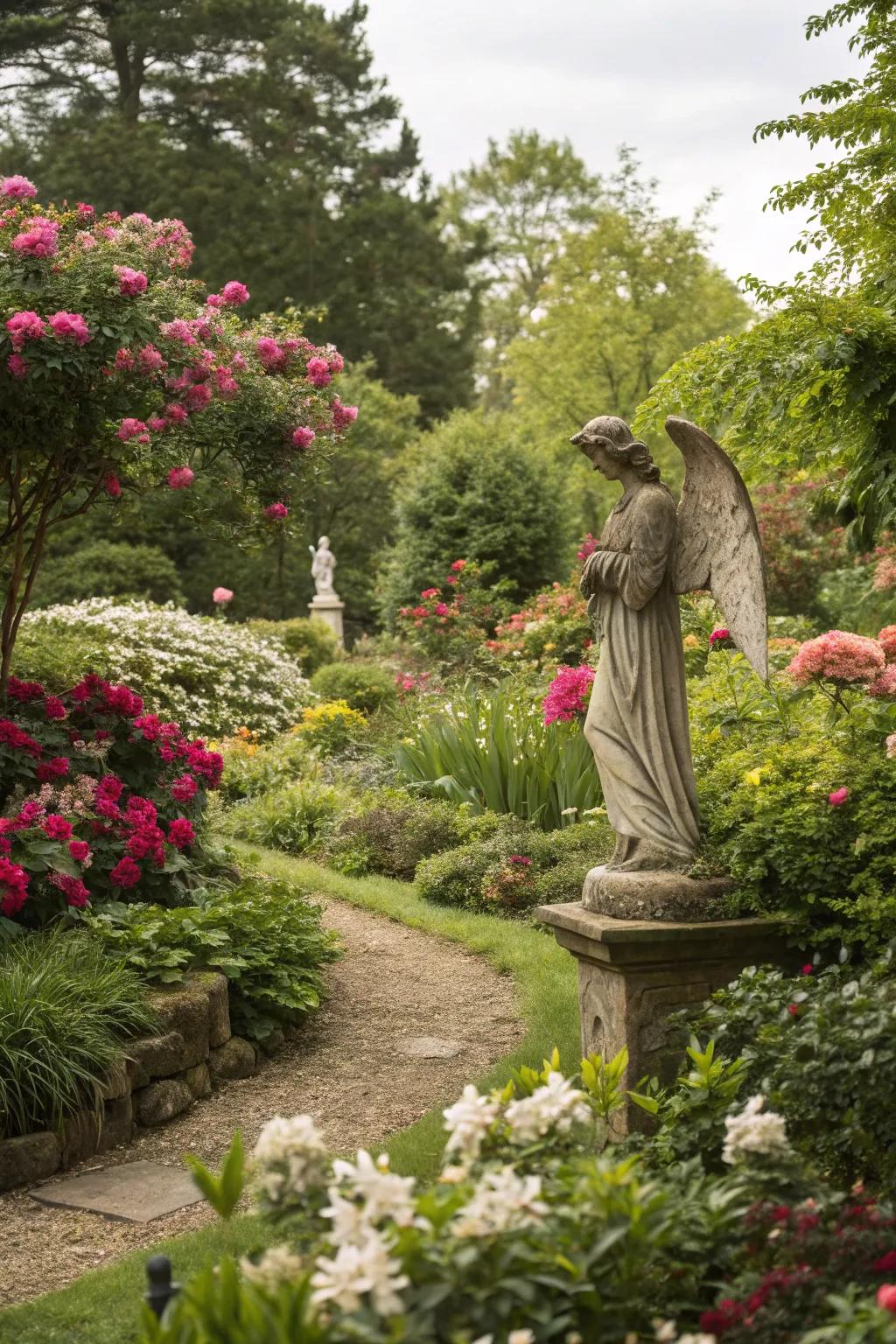 Garden statues with spiritual themes enhance the serenity of outdoor spaces.