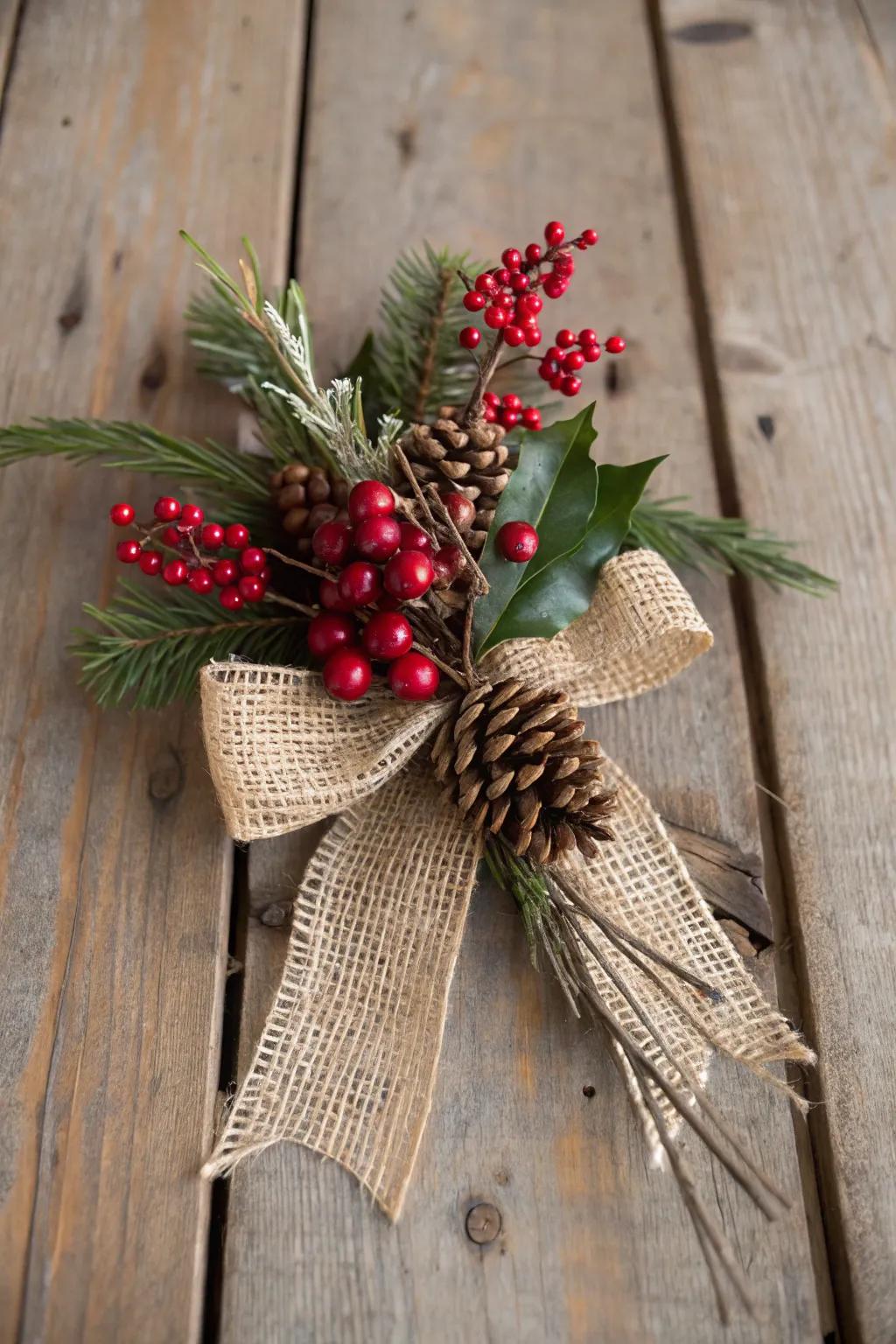 A snug Christmas corsage showcasing burlap and berries.
