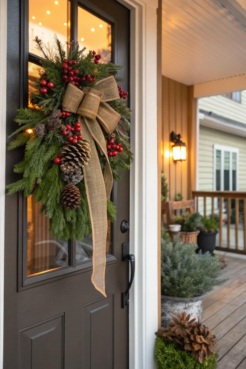 Celebrate nature with a pinecone and berry adorned bow.