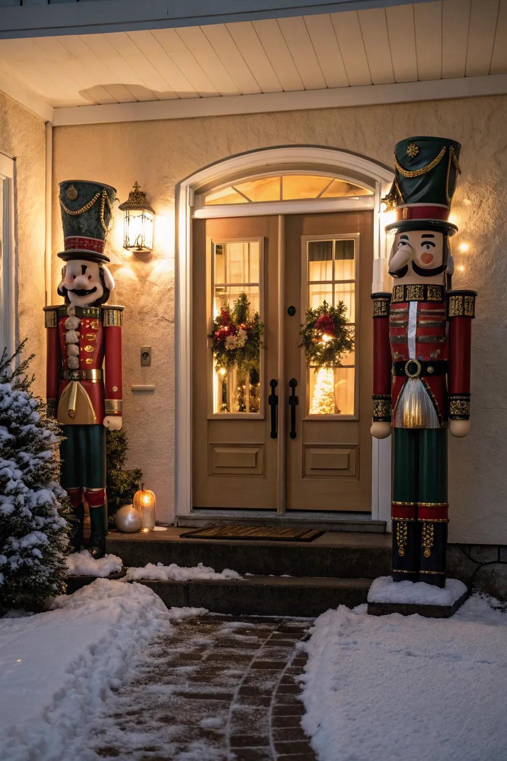 Nutcracker soldiers stand guard for a festive welcome.