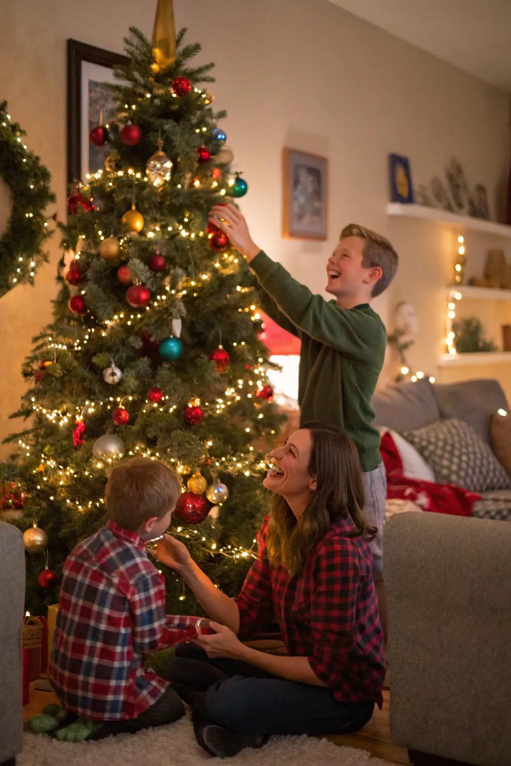 Ornamenting the tree captures authentic family instances.