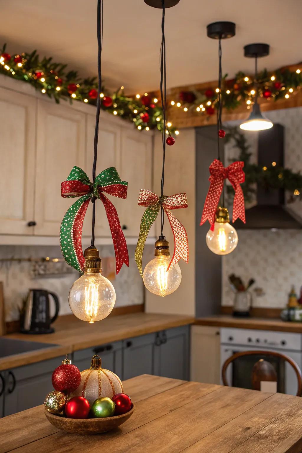 Festive pendant lights add whimsy to the kitchen.