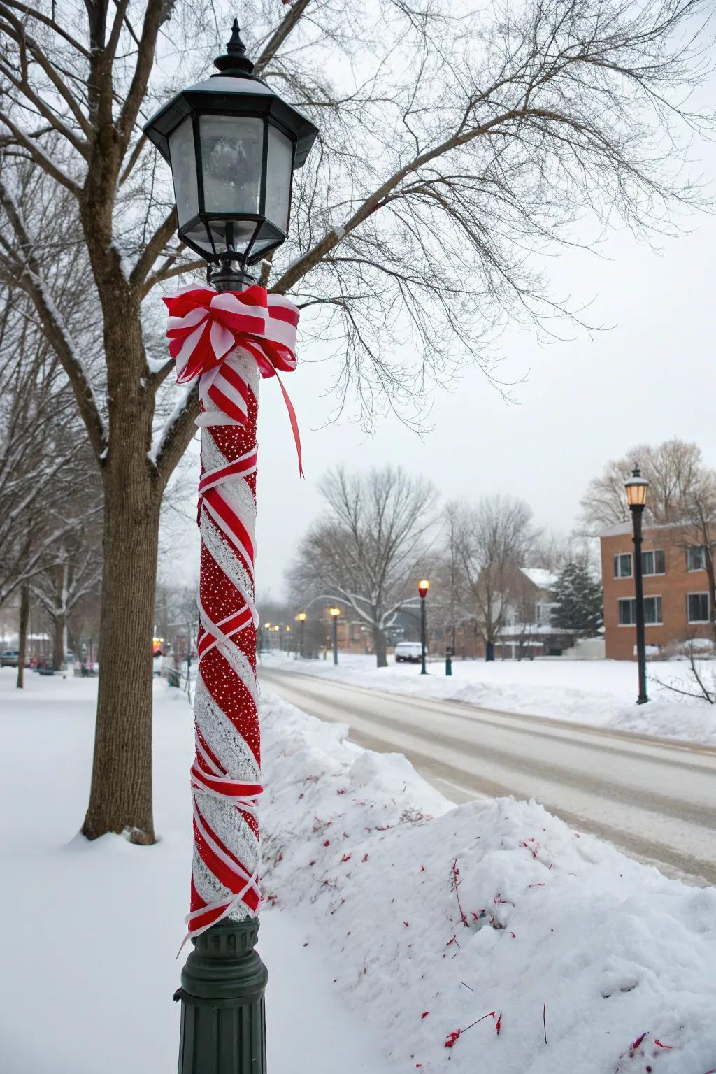Peppermint swirls lend a sweet touch to a lamp post.