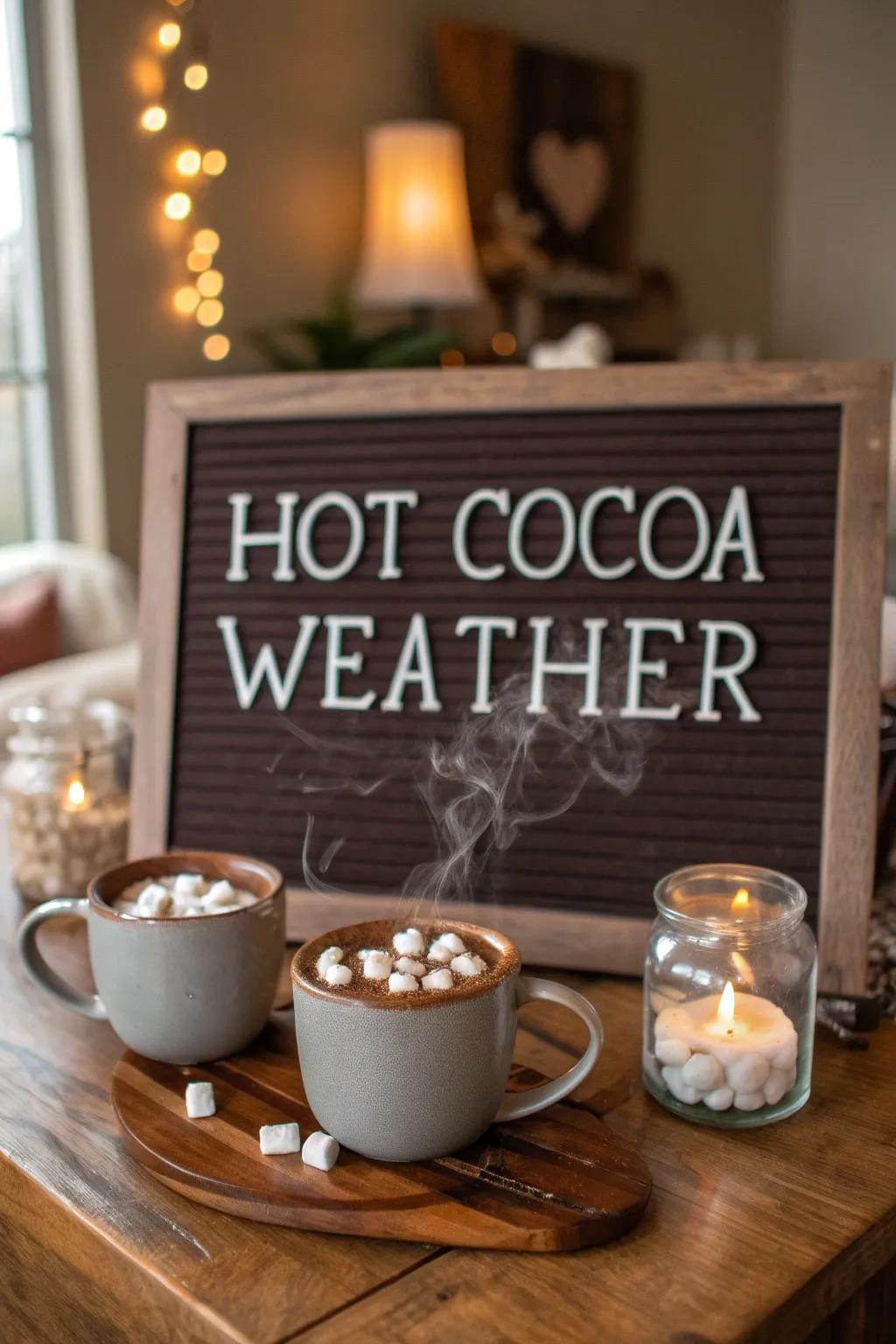 A 'Hot Cocoa Weather' message board perfect for creating inviting winter vibes.
