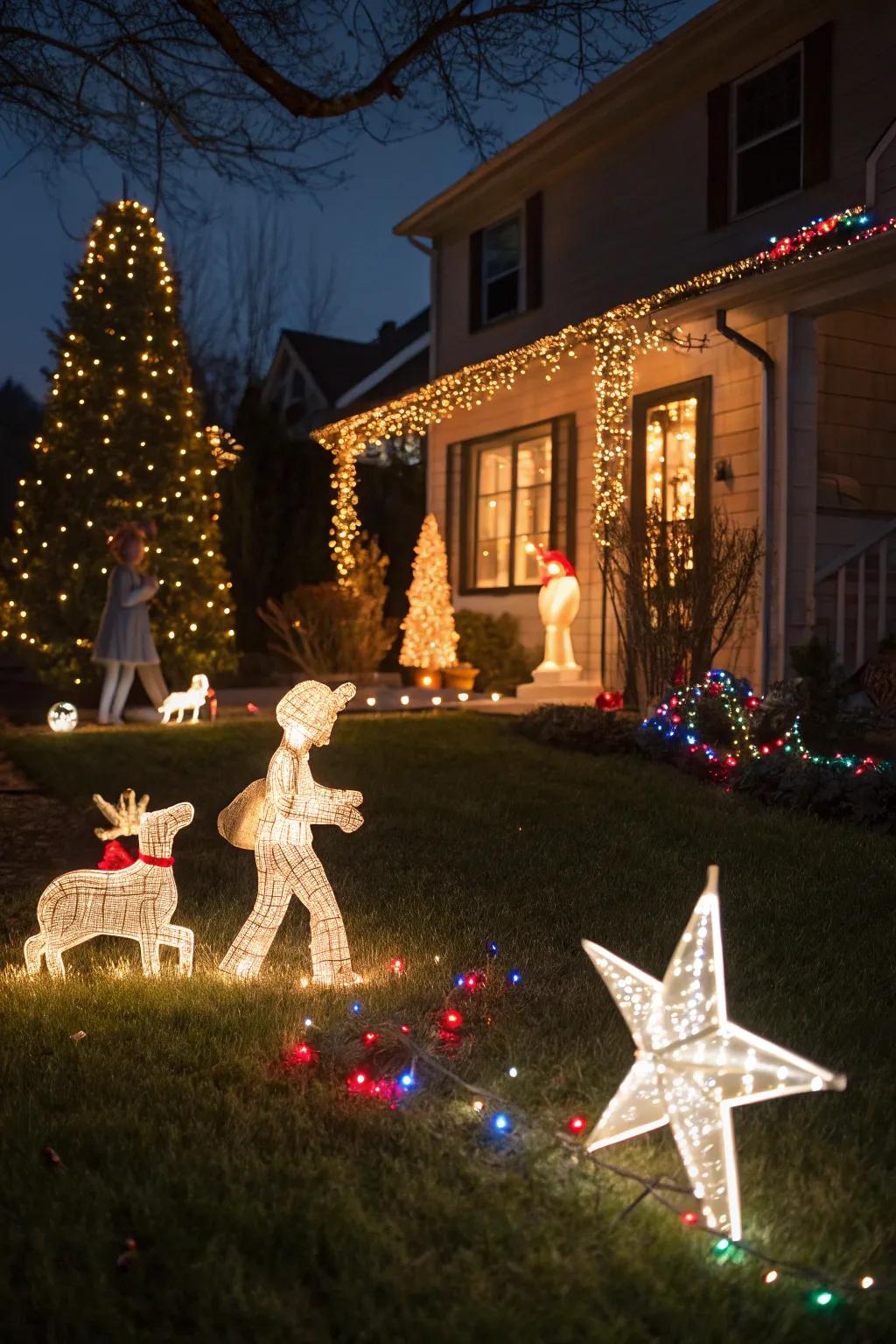 Light-up figures and stars creating a whimsical festive garden scene.