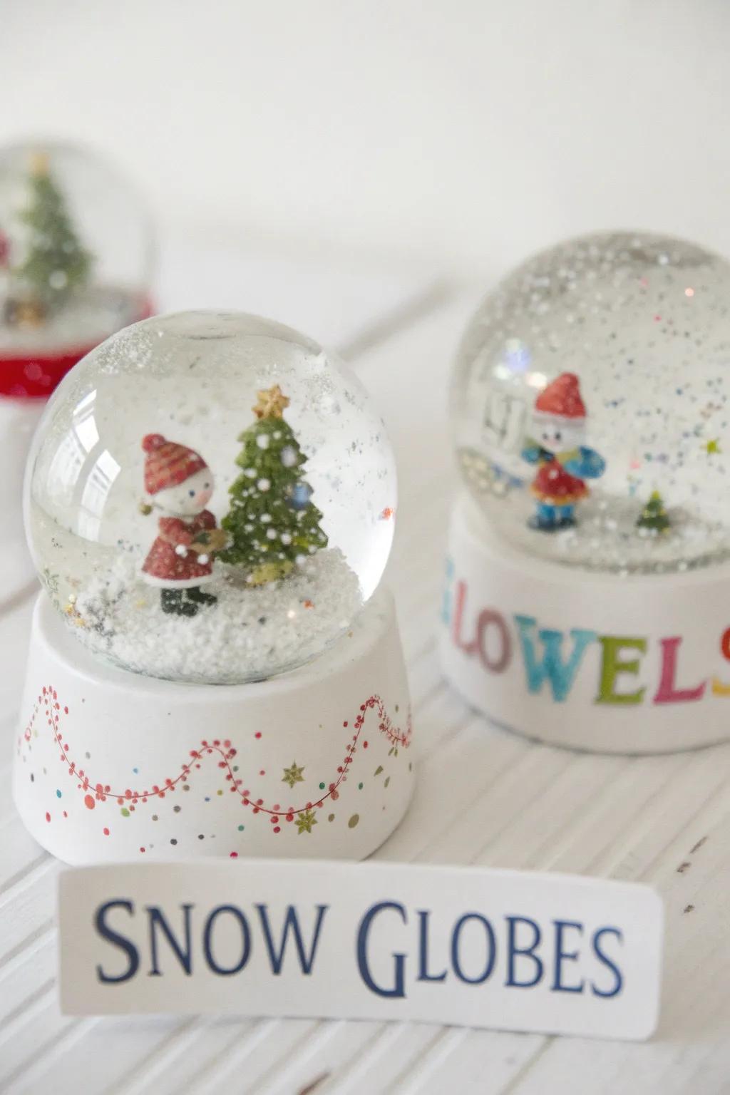 Customized snow globes add a magical flourish to your table decor.