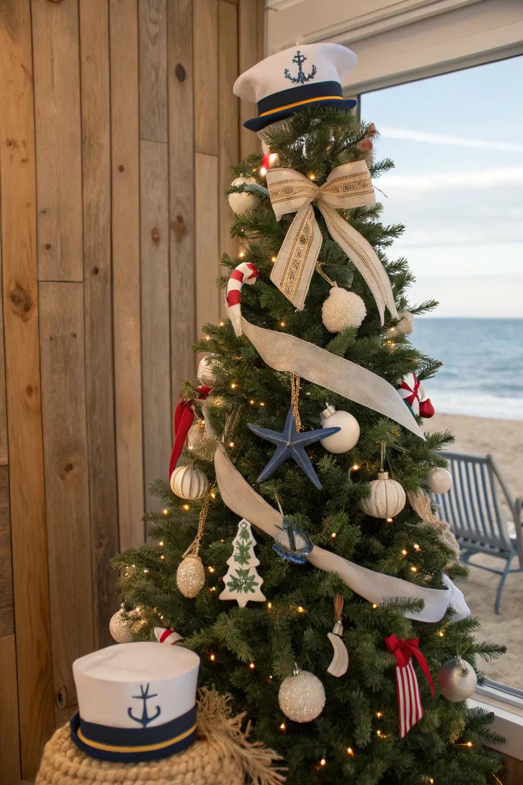 A Christmas tree embracing an aquatic theme, showcasing ribbons and ornaments that evoke the sea.