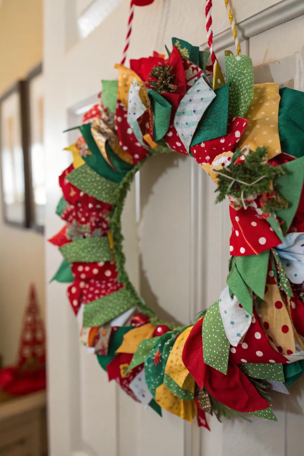 A homemade fabric wreath made from a variety of holiday textiles.