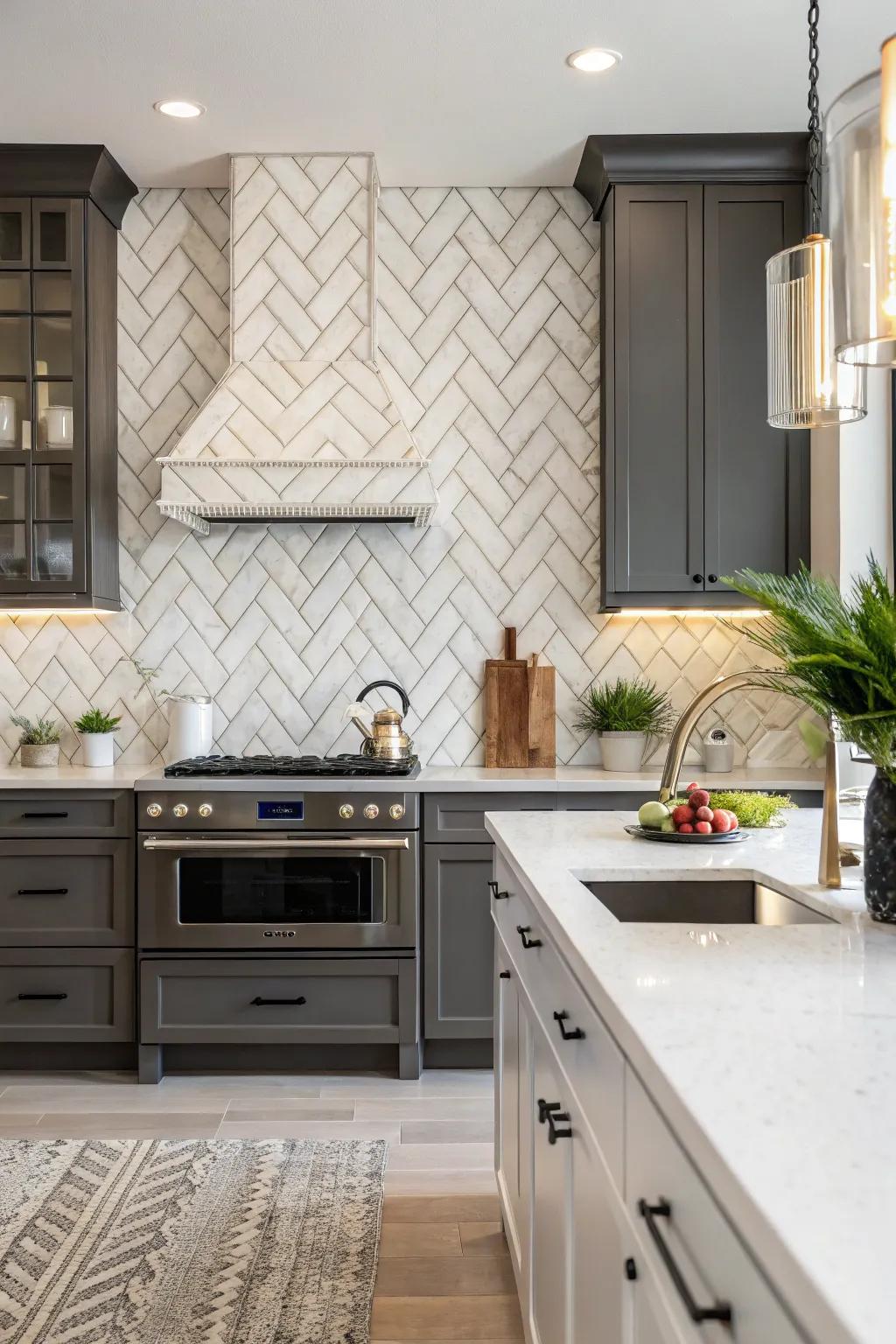 Angled design adds refinement to this kitchen.